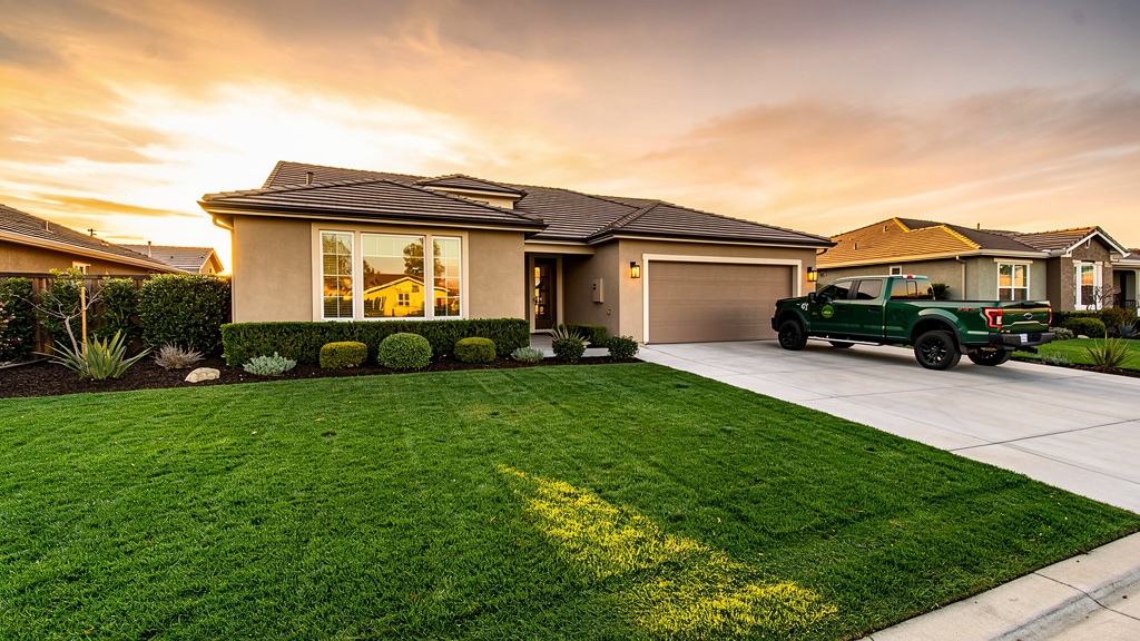 Deluxe Building Services work truck parked in front of a finished landscaping project at golden hour in Milpitas CA