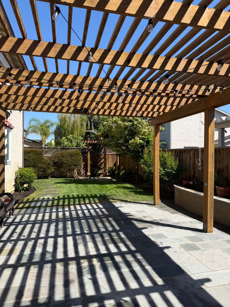 Pergola and slate stone patio installation in Sunnyvale CA — Deluxe Building Services